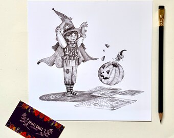 Young Pumpkin Carving Witch Illustrated Print