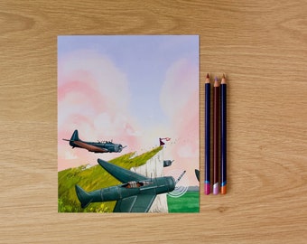 Airplanes Over Cliff Illustrated Print