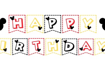 ミッキーマウス ハッピーバースデーバナー/ 即時ダウンロード/ 印刷可能/ ミッキーマウス バンティングバナー/ ミッキーマウス パーティーデコレーション