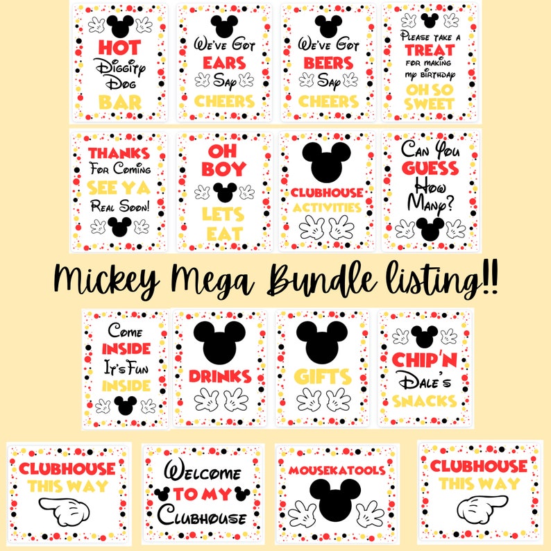 May include: A set of printable Mickey Mouse themed party signs with red, yellow, and black polka dots. The signs feature various phrases like "Hot Diggity Dog Bar", "We've Got Ears", "Clubhouse Activities", and "Chip 'n Dale's Snacks".