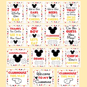 May include: A set of 12 printable Mickey Mouse themed party signs with red, yellow, and black polka dots. The signs feature various phrases such as "Hot Diggity Dog Bar", "We've Got Ears", "Clubhouse Activities", "Chip 'n Dale's Snacks", and "Welcome to My Clubhouse".