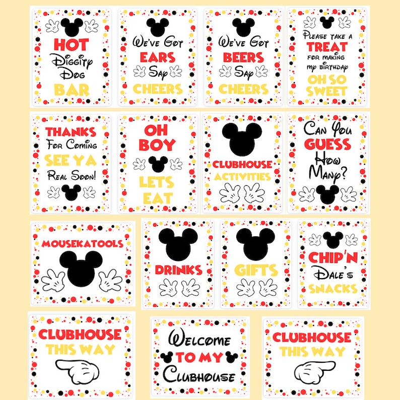 May include: A set of 12 printable Mickey Mouse themed party signs with red, yellow, and black polka dots. The signs feature various phrases such as "Hot Diggity Dog Bar", "We've Got Ears", "Clubhouse Activities", "Chip 'n Dale's Snacks", and "Welcome to My Clubhouse".