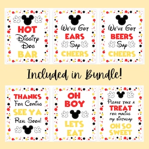 May include: Six printable signs featuring Mickey Mouse and text related to a birthday party. The signs have a white background with red and yellow polka dots. The text on the signs includes "Hot Diggity Dog Bar", "We've Got Ears Say Cheers", "We've Got Beers Say Cheers", "Thanks for Coming See Ya Real Soon", "Oh Boy Let's Eat", and "Please Take a Treat for Making My Birthday Oh So Sweet".