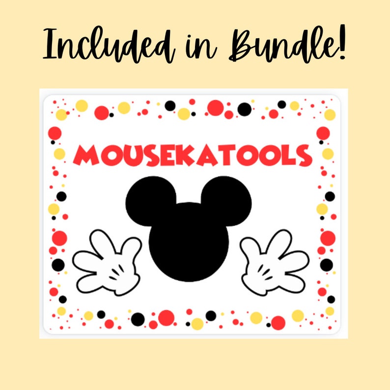 May include: White background with red, yellow, and black polka dots. A black and white Mickey Mouse silhouette with the text "MOUSEKATOOLS" in red letters.