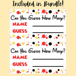 May include: Printable game card with a Mickey Mouse theme. The card has a white background with red, yellow, and black polka dots. The text on the card reads "Can you guess how many?" and includes spaces for a name and guess.