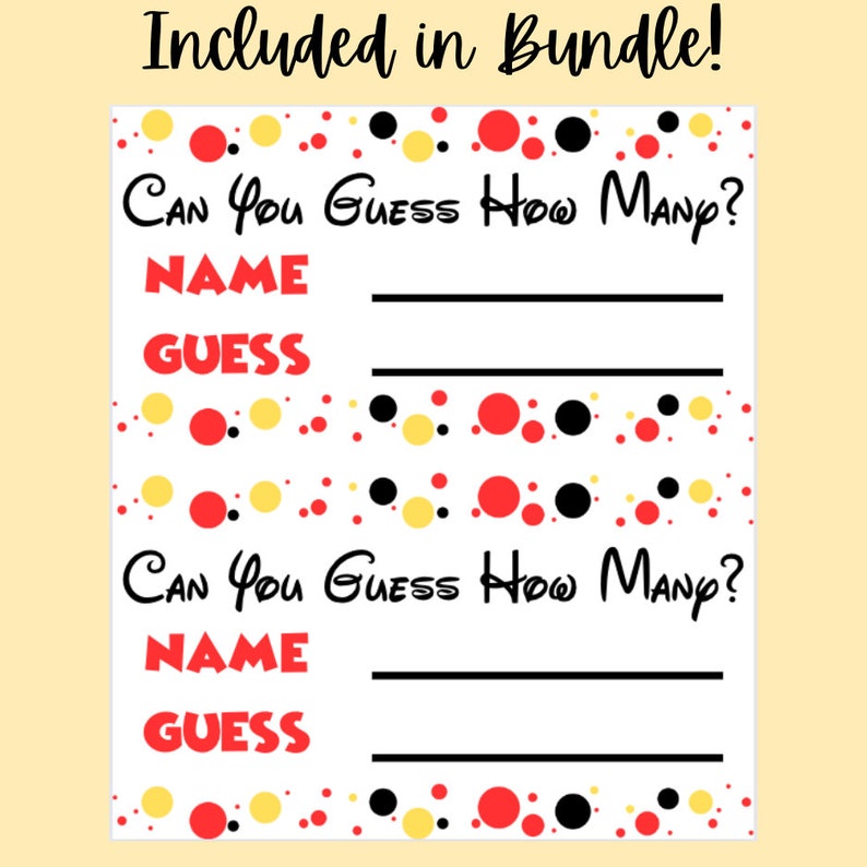 May include: Printable game card with a Mickey Mouse theme. The card has a white background with red, yellow, and black polka dots. The text on the card reads "Can you guess how many?" and includes spaces for a name and guess.