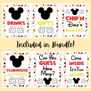 May include: Six printable signs featuring Mickey Mouse with red and yellow polka dots. The signs say "Drinks", "Gifts", "Chip'n Dale's Snacks", "Clubhouse Activities", "Can You Guess How Many?" and "Come Inside It's Fun Inside".
