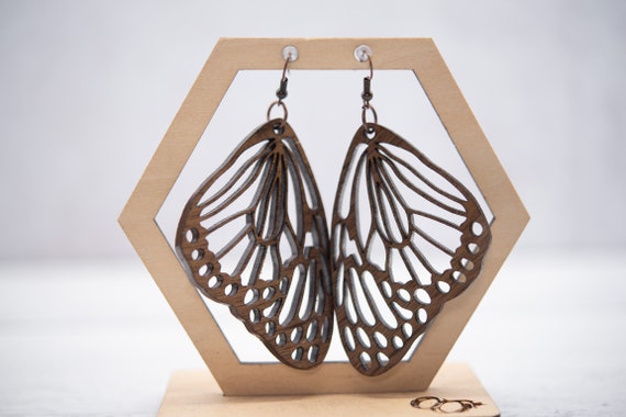 Monarch Butterfly Wing Walnut Silver Earrings - Hypoallergenic Dangle Drop Butterflies Wings - Perfect Lightweight Rustic Jewelry