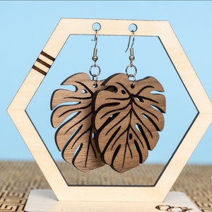 Monstera Leaf Walnut Earrings/Silver Dangle Drop Earrings/Wood and Hypoallergenic/Brown Wooden Leaves/Rustic Jewelry/Engraved Earrings/Boho