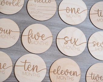 Wooden Baby Monthly Milestone Markers - Newborn Baby Photo Props - Engraved Baby Shower Gift