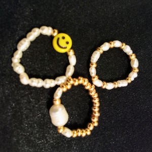 Freshwater Pearl Bead Ring: Smiley Face Stacking Ring