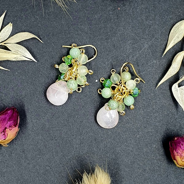 Handmade Gemstone Earrings. Chandelier Earrings. Crystal drop earrings. Precious stones earrings. Rose Quartz earrings.