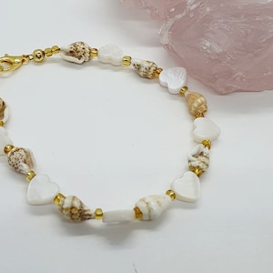 Handmade Shell Anklet Bracelet: Mother of Pearl Heart Beads