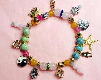 Turquoise Agate Gemstone Bracelet: Gold Elephant Charm, Healing Crystals