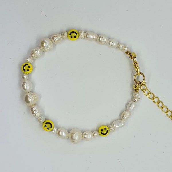 Pearls and Smileys Bracelet/Anklet, Freshwater Pearl Anklet, Pearl Bracelet, Smiley Bracelet, Pearl and Smiley, Handmade, Pearl