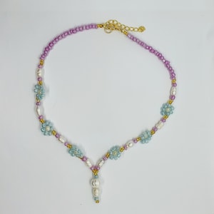 Bead Flower Necklace, Pastel Beads, Statement Necklace, Daisy Chain Beaded Necklace, Freshwater Pearls Necklace, Hand beaded Flowers,