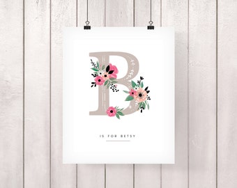 Personalised Nursery Print, initial print, Floral initial, Girls room print, Name gift, New baby gift, Kids room print, Nursery print