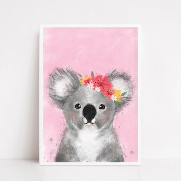 Koala Print, Floral Koala print, Koala Art, Koala nursery print, Koala Kids room print, Koala Gift