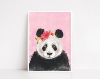 Panda Print, Floral Panda print, Panda Art, Panda nursery print, Panda Kids room print, Panda Gift