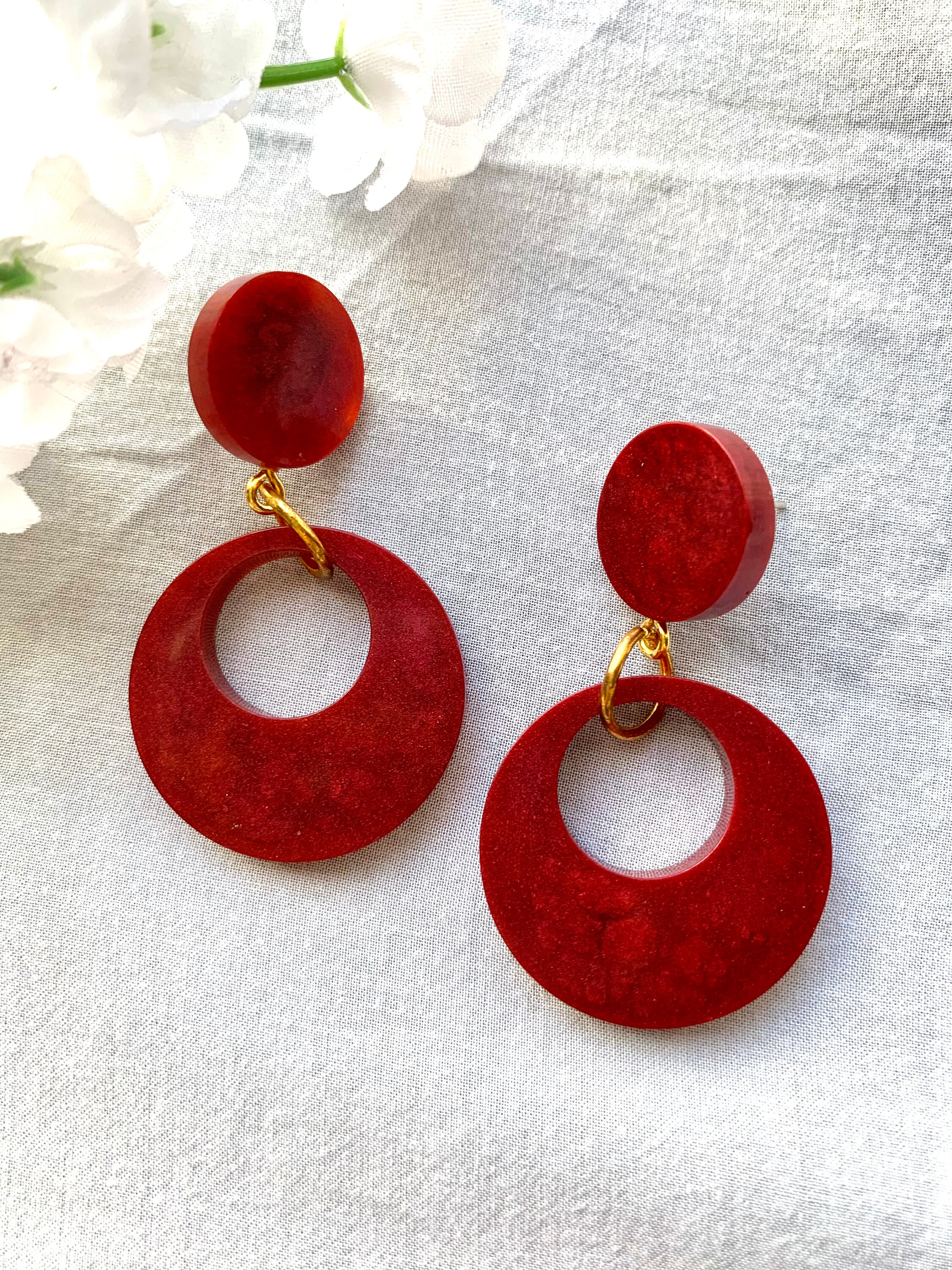 Red Drop Circle Earrings Resin Earrings Dangle Earrings Etsy