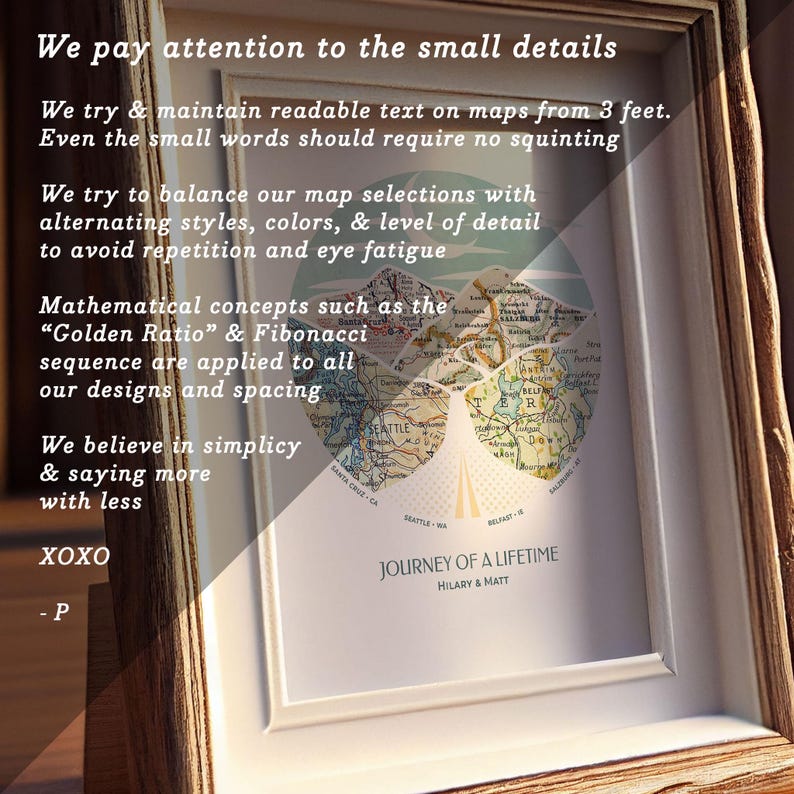 May include: A framed print with a map design. The map is divided into sections, each representing a different location. The text "Journey of a Lifetime" is printed below the map, along with the names "Hilary & Matt". The print is surrounded by a wooden frame.