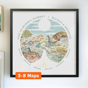 Impresión de mapa personalizada. Regalo de aniversario artístico para él. Personalizado personalizado boda compromiso san valentín su esposa pasión por los viajes montaña cuadrado