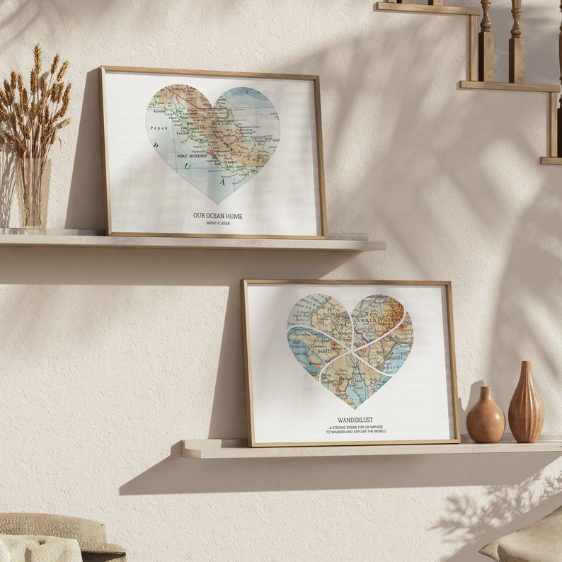 Personalized Heart Map Print: 1-6 locations, Curved Split style heart wall art Custom Travel Poster, Wedding & Anniversary Gift image 6