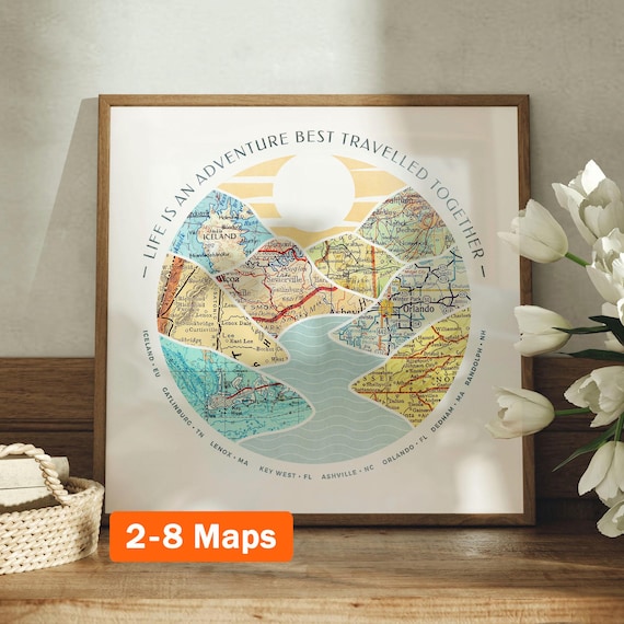 Custom Map Print! Art Anniversary Gift for Him. personalized customized wedding engagement valentines her wife journey mountain wood sq