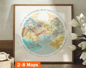 Może przedstawiać: Wydruk w ramie z motywem mapy. Wydruk zawiera okrąg z tekstem "Life is an adventure best travelled together" oraz kolaż vintage map tworzących góry i zbiornik wodny. Tekst "2-8 Maps" jest wydrukowany pod obrazem.