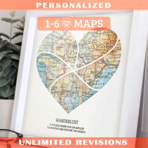 Personalized Heart Map Print: 1-6 locations, Curved Split style heart wall art Custom Travel Poster, Wedding & Anniversary Gift image 1