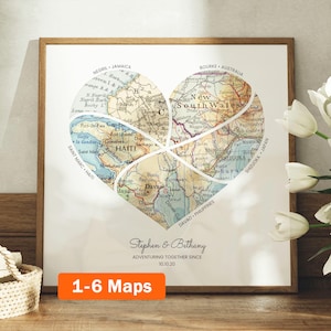 May include: A framed print featuring a heart-shaped map composed of multiple map sections. The map includes place names like Haiti, Jamaica, and Australia. The print is personalized with the names "Stephen & Bethany" and the date "10.10.20". The text "1-6 Maps" is also present.