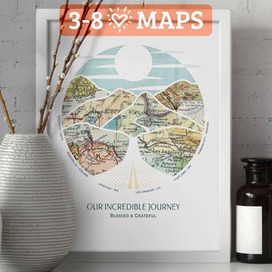 Anpassbarer Wanderlust Roadtrip ™ Print: 3-8 Orte Berg-Wandkunst - Individuelles Reiseposter, Hochzeitsgeschenk & Jahrestagsgeschenk für Paare