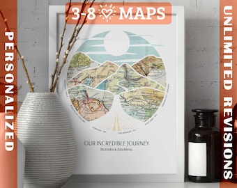 Customizable Wanderlust Roadtrip™ Print: 3-8 locations mountain wall art - Custom Travel Poster, Wedding Gift & Anniversary Gift for couples