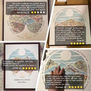 May include: Three customer reviews for a personalized map print. The reviews are positive and include the text "Making Memories Since 09.13.2020", "Journey of a Lifetime", and "So Blessed".