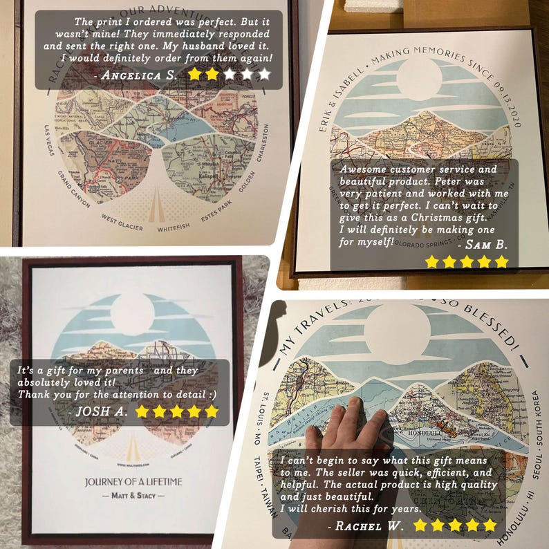 May include: Three customer reviews for a personalized map print. The reviews are positive and include the text "Making Memories Since 09.13.2020", "Journey of a Lifetime", and "So Blessed".