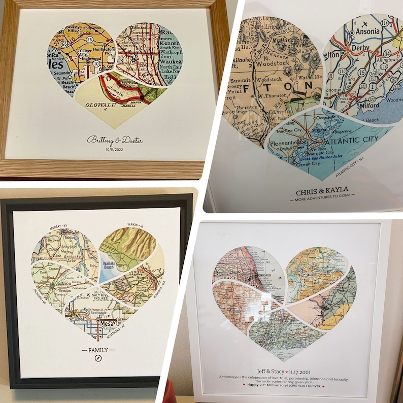 Personalized Heart Map Print: 1-6 locations, Curved Split style heart wall art Custom Travel Poster, Wedding & Anniversary Gift image 8