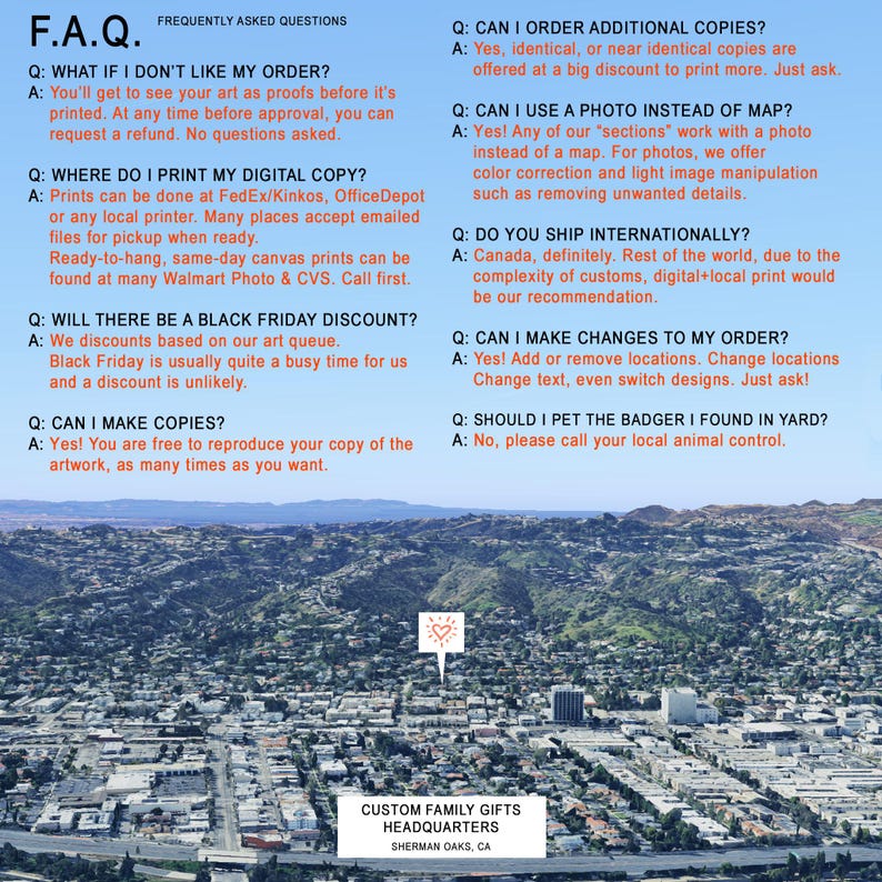 May include: A frequently asked questions (FAQ) page with a list of questions and answers about custom family gifts. The page includes information about ordering, printing, shipping, and discounts. The page also includes a photo of a city skyline.