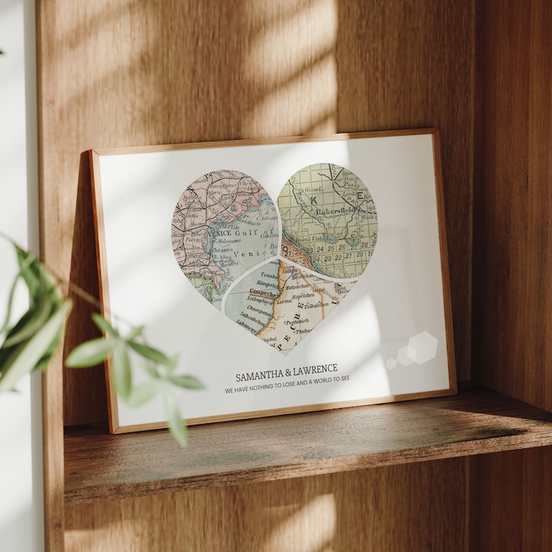 Personalized Heart Map Print: 1-6 locations, Curved Split style heart wall art Custom Travel Poster, Wedding & Anniversary Gift image 4