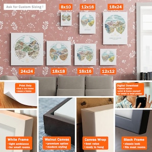 May include: A comparison of different sizes and framing options for a personalized map print. The print features a map of Europe with the text "Road Trip Europe on a Motorcycle" and a sun in the center. The print is available in sizes ranging from 8x10 inches to 24x24 inches. Framing options include a white frame, walnut canvas, canvas wrap, and a black frame.