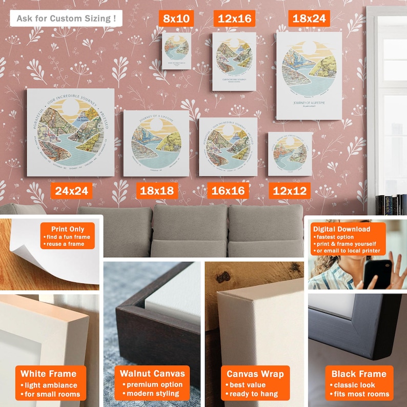 May include: A comparison of different print and frame options for a custom map print. The print shows a map of a river with mountains and trees. The print is available in various sizes, including 8x10 inches, 12x16 inches, 18x24 inches, 24x24 inches, 18x18 inches, 16x16 inches, and 12x12 inches. The print can be purchased as a print only, with a white frame, with a walnut canvas, with a canvas wrap, or with a black frame.
