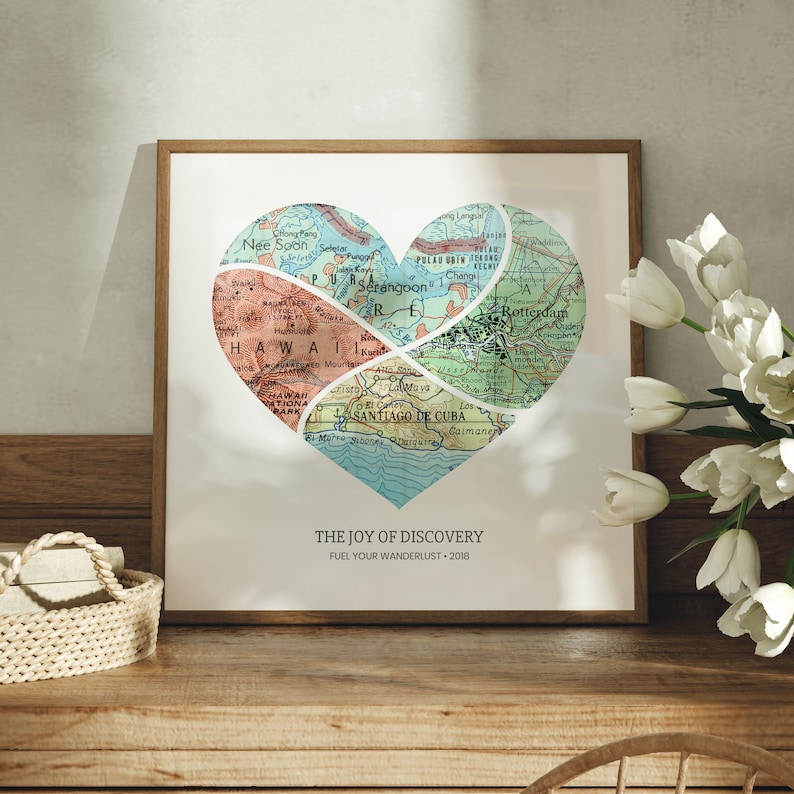 Personalized Heart Map Print: 1-6 locations, Curved Split style heart wall art Custom Travel Poster, Wedding & Anniversary Gift image 5