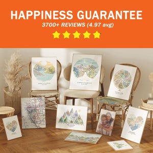 May include: A collection of framed maps and illustrations, including a heart-shaped map, a map of the United States, and a map of mountains. The frames are all different colors and styles. The text "Happiness Guarantee 3700+ Reviews (4.97 avg)" is displayed at the top of the image.