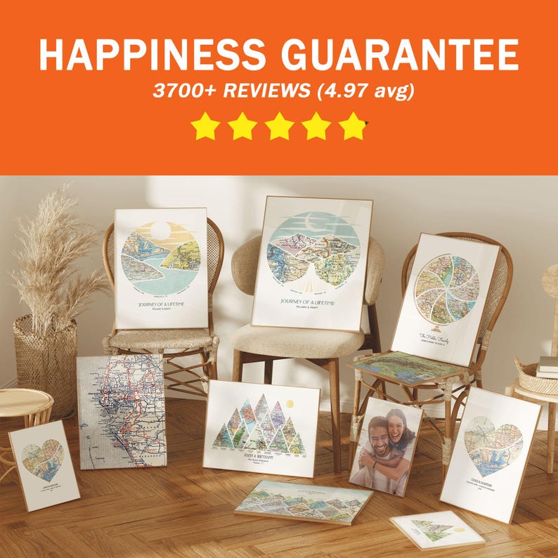 May include: A collection of framed maps and illustrations, including a heart-shaped map, a map of the United States, and a map of mountains. The frames are all different colors and styles. The text "Happiness Guarantee 3700+ Reviews (4.97 avg)" is displayed at the top of the image.