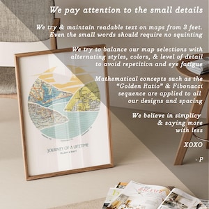 May include: A framed print with a circular map design in shades of blue, green, yellow, and white. The map is surrounded by text that reads "We pay attention to the small details" and "Journey of a Lifetime Hilary & Matt".