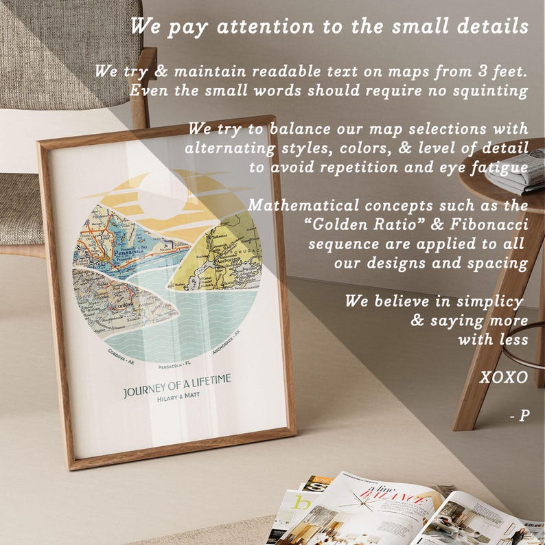 May include: A framed print with a circular map design in shades of blue, green, yellow, and white. The map is surrounded by text that reads "We pay attention to the small details" and "Journey of a Lifetime Hilary & Matt".