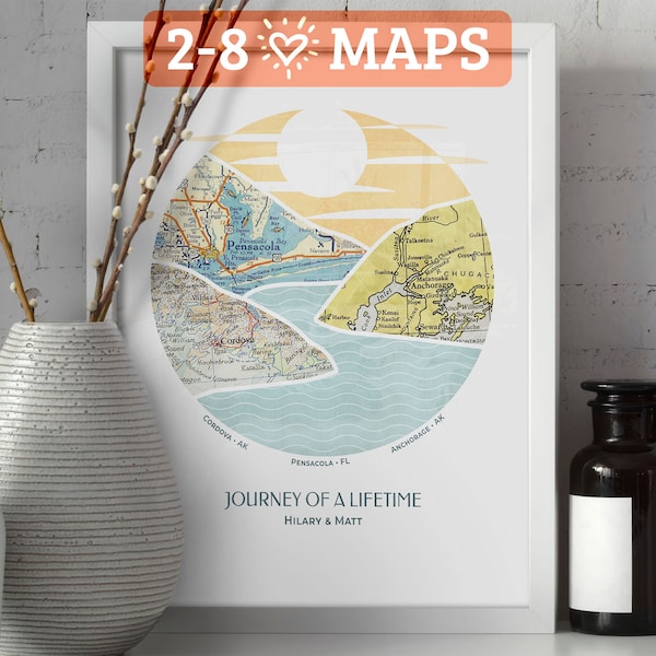Personalized Journey Map™ Print: 2-8 locations mountain wall art - Custom Travel Poster, Wedding Gift & Anniversary Gift for couples