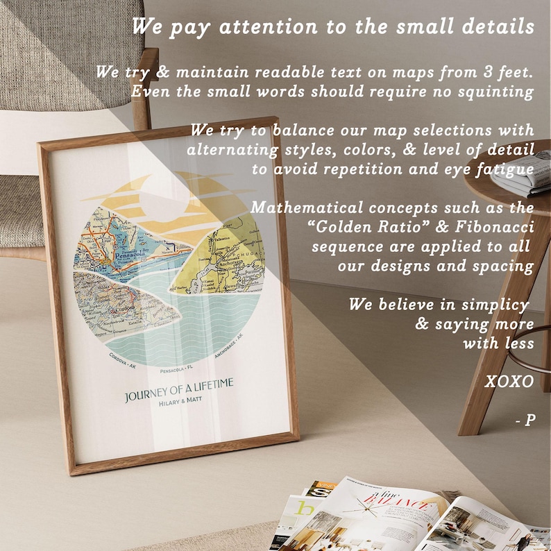 K&ouml;nnte beinhalten: Ein gerahmter Druck mit einem kreisf&ouml;rmigen Kartendesign in Blaut&ouml;nen, Gr&uuml;n, Gelb und Wei&szlig;. Die Karte ist umgeben von Text, der "We pay attention to the small details" und "Journey of a Lifetime Hilary & Matt" lautet.
