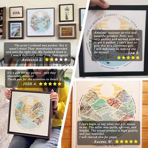 May include: A framed print of a map with a circular design. The map is divided into sections, each representing a different location. The print is surrounded by a black frame and has a white background. The text "Our Incredible Journey Love Never Fails" is printed at the top of the frame. The text "Making Memories Since April 1998" is printed at the bottom of the frame.