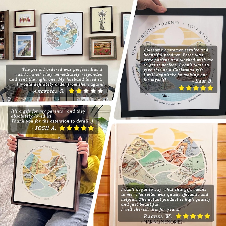 May include: A framed print of a map with a circular design. The map is divided into sections, each representing a different location. The print is surrounded by a black frame and has a white background. The text "Our Incredible Journey Love Never Fails" is printed at the top of the frame. The text "Making Memories Since April 1998" is printed at the bottom of the frame.