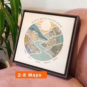 May include: Square framed canvas art with a map design. The artwork features a circular design with map segments, a river, and the text "PLACES WE'VE CALLED HOME." The bottom of the canvas has the text "2-8 Maps."
